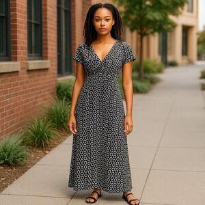 Studio 1940 Y2K Black White Circle Print Maxi Dress Juniors L Flutter Slve VNeck